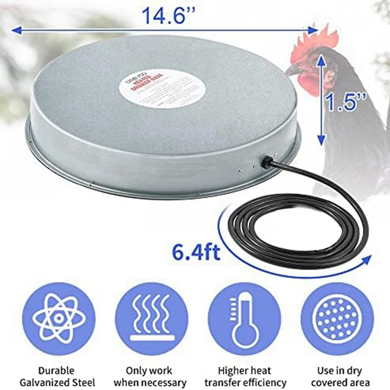 Base riscaldata per abbeveratoio per pollame, scaldabagno per pollo Base riscaldata invernale De-Iker da 125 Watt, scaldabagno per animali domestici