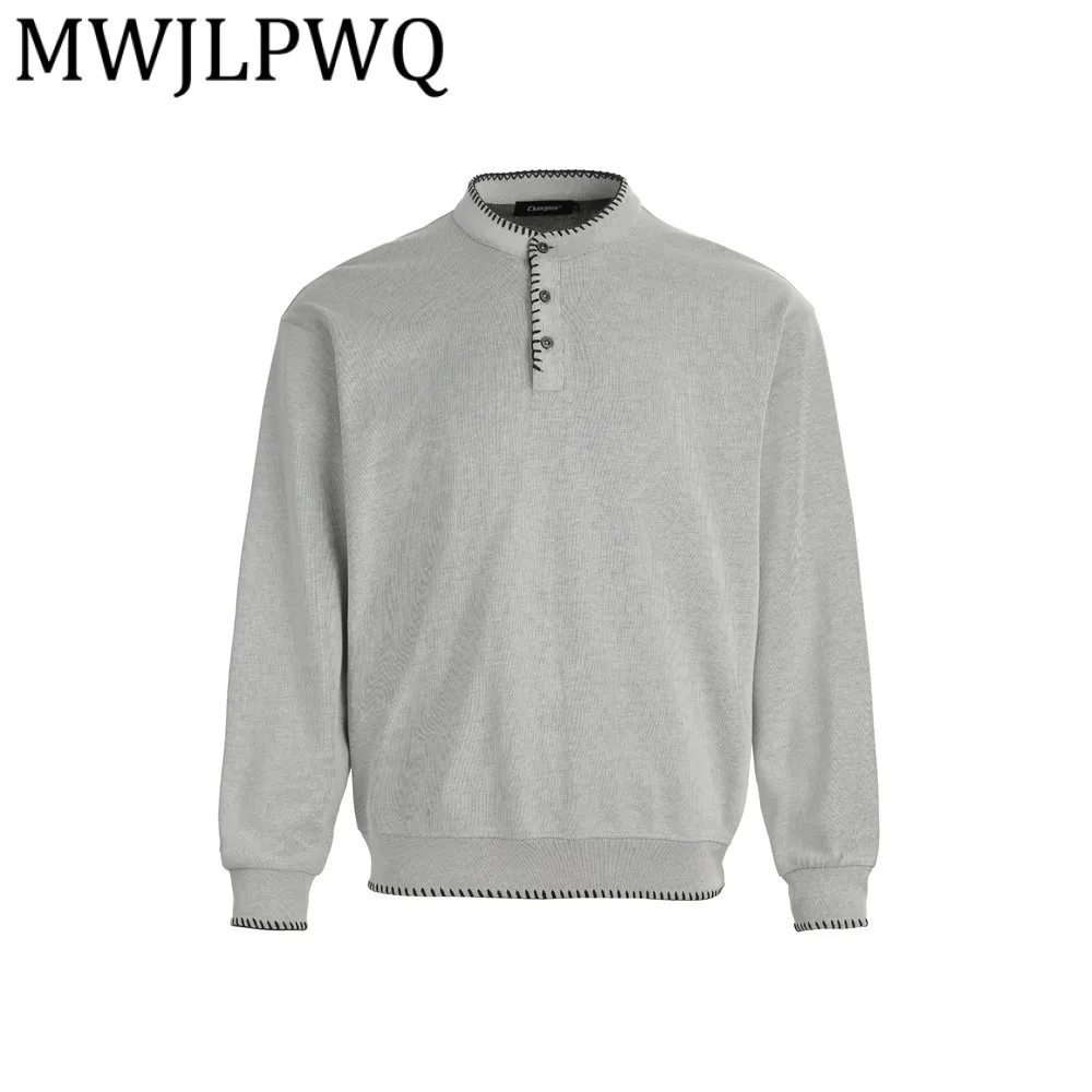 

MWJLPWQ дизайн с вышивкой на половину пуговиц и воротником-стойкой для мужчин, свободный повседневный вязаный уличный пуловер с длинными рукавами, топы 12695