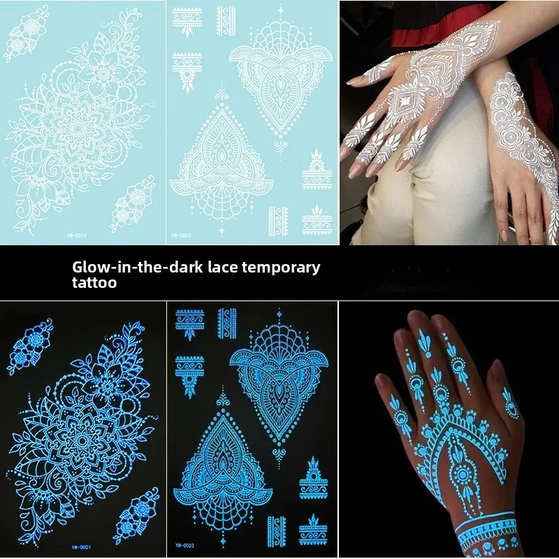 توهج الظلام الحناء الوشم ملصق الهندي الدانتيل اليد الجسم المؤقت مقاوم للماء متوهجة الجلد وهمية الفن الذراع موقع قران مهرجان الطرف #5