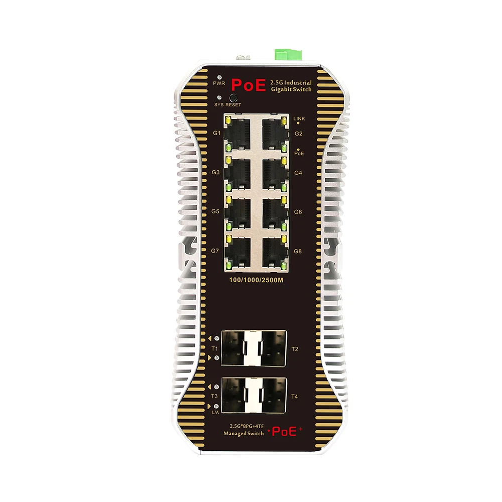 Bullscom محول الشبكة الصناعية المُدارة ذات 12 منفذًا |   8×2.5G PoE+ (30 واط/منفذ) + 4×10 جرام SFP |   غير مُدار |   غلاف معدني متين