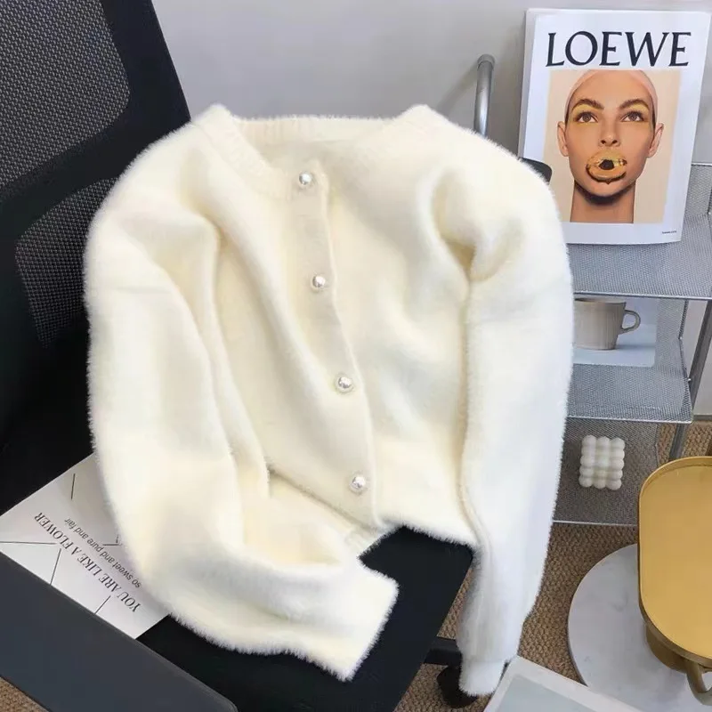 

Short Milk White Faux Mink Fur Sweater Coat for Women 2025 Autumn Winter New Loose Lazy Style Knitted Cardigan Thick