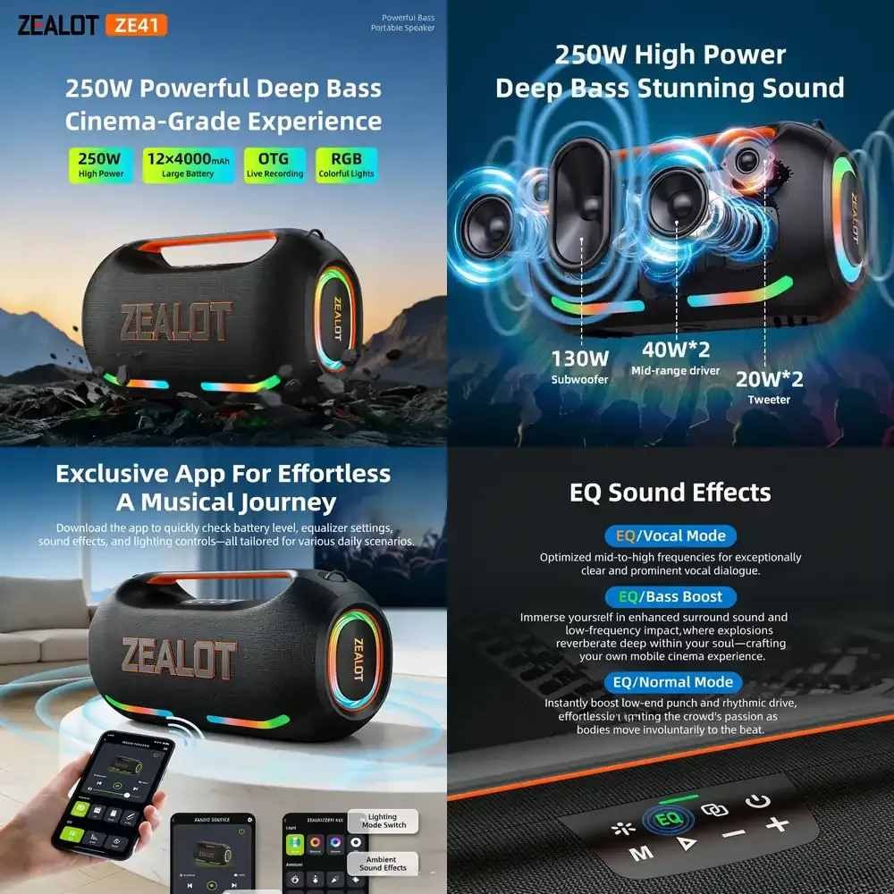 Caixa de Som Bluetooth Portátil Original de 250W para Festas ao Ar Livre, Sistema de Som DJ com Graves Potentes, Longa Duração de Bateria, À Prova D'Água