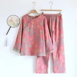 Chinese Retro Style Round Neck Pajamas for Women Buckle Long Sleeve Trousers Loungewear Yarn-dyed Jacquard Cotton Home Clothes