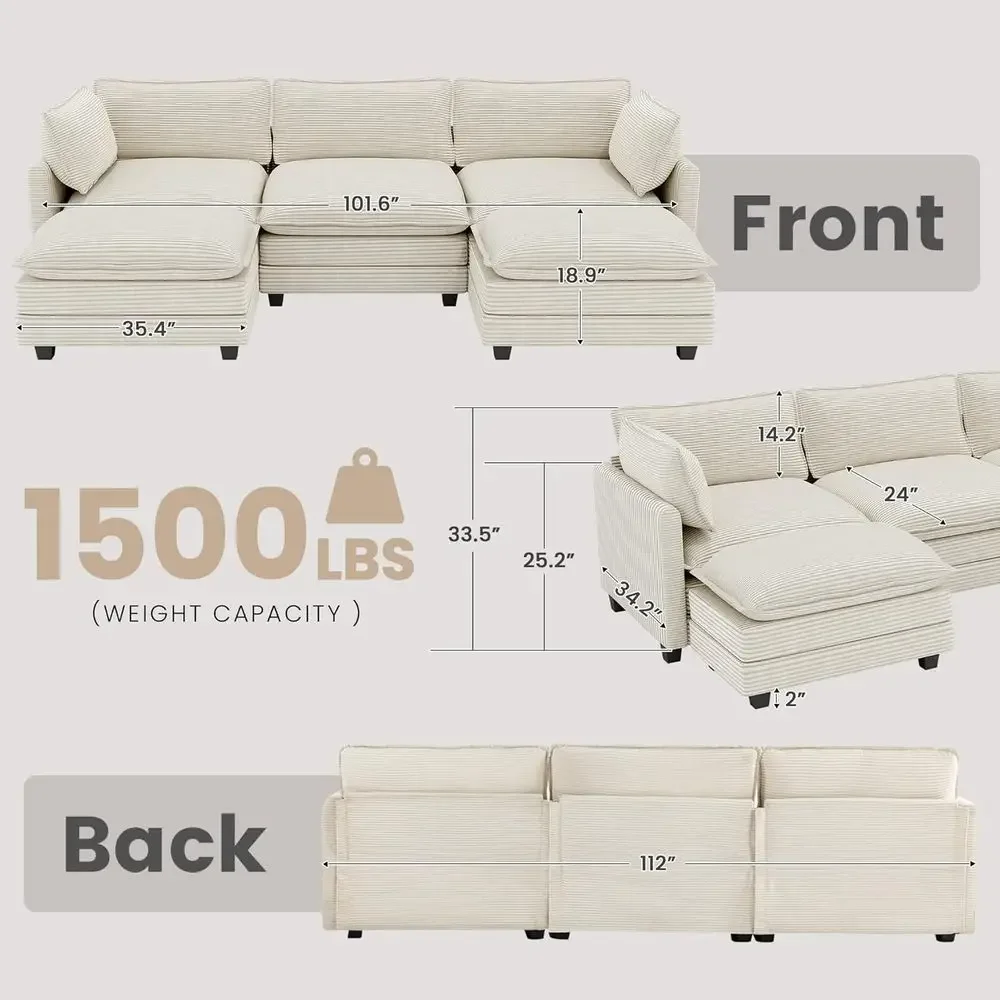 112'' Sectional ular Cloud Couch, Oversized 5 Seat Couches haped Soa with 2 Movable Ottomans, 2 Throw Pillows, Upholstered Cordu
