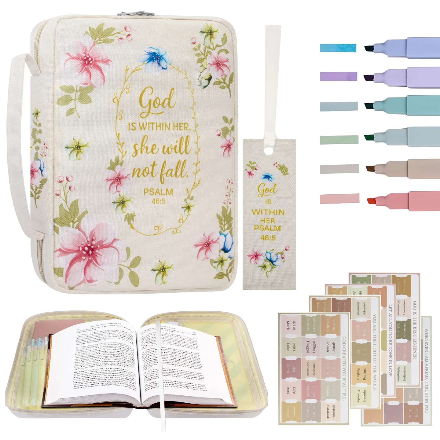 

Чехол для Библии с цветочным принтом для женщин【с 6 маркерами и закладками】Вместительный футляр для Священного Писания с держателями для ручек и карманами, христианский подарок
