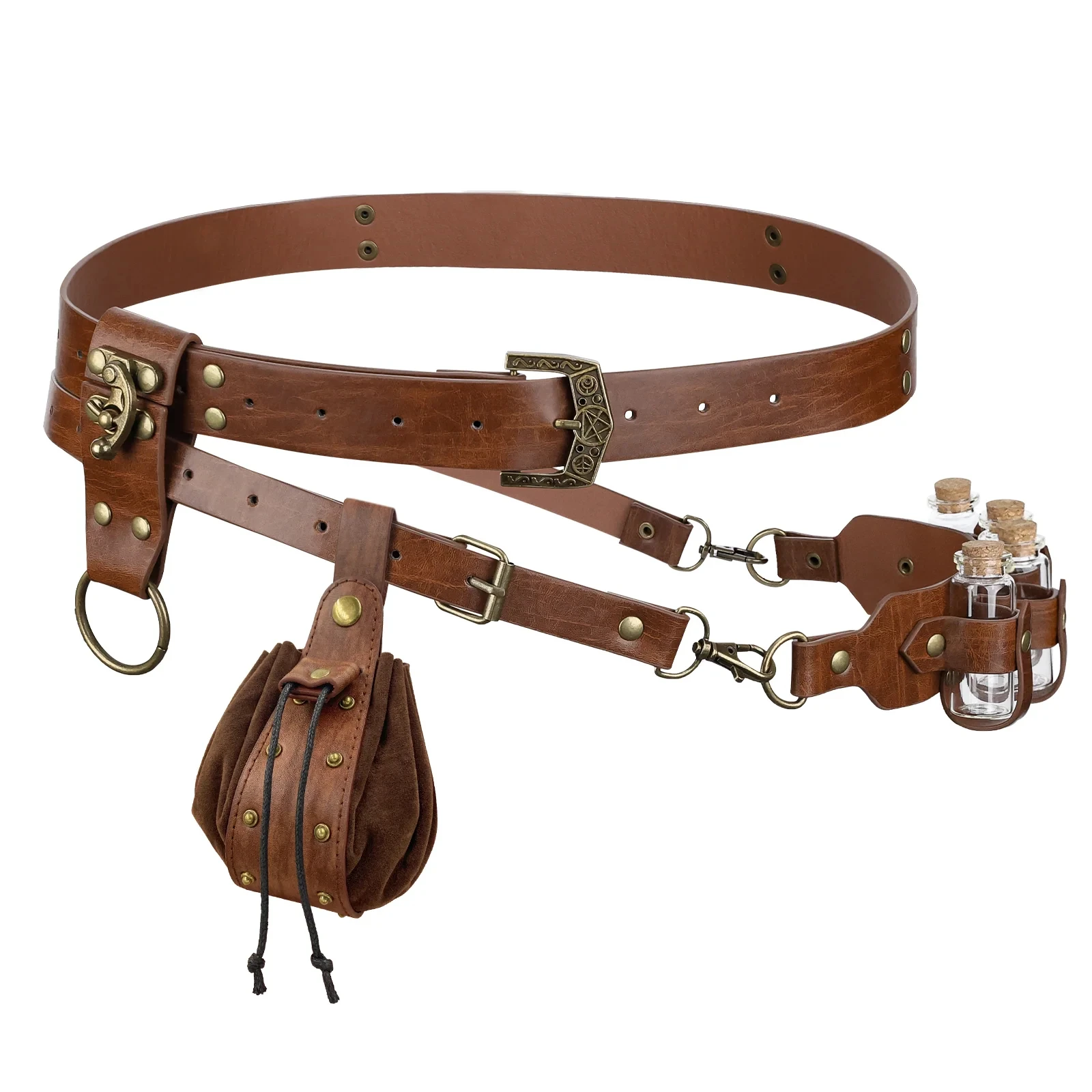Conjunto de Cinto de Alquimia Medieval com Bolsa, Porta-Frascos e Alça