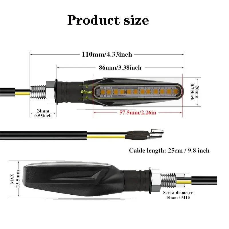 Motorcycle LED Turn Signals Light Amber Flasher Flowing Water Built Relay 12LED 10MM Turn Signal Lamp Motorcycle Flashing Lights
