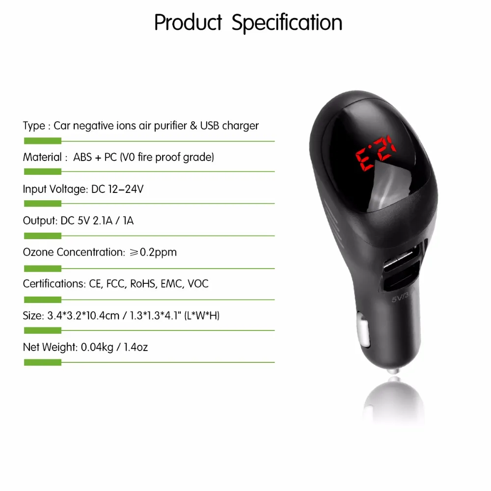 Mini Car Air Purifier 12V Auto Car Fresh Air anion Ionic Purifier Oxygen Bar Ozone Ionizer cleaner Dual USB Fast Charger