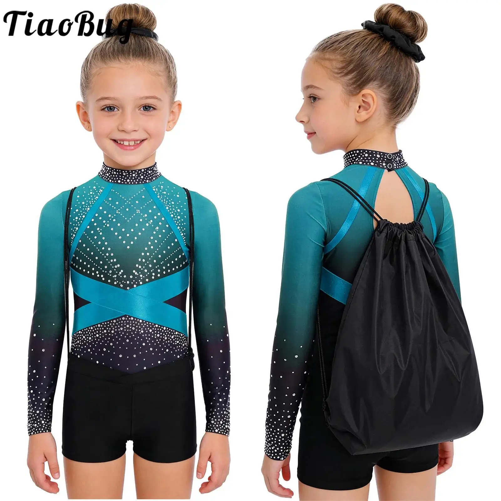 

4pcs Kids Girls Figure Skating Ballet Gymnastics Dance Practice Outfit Long Sleeve Leotard Shorts And Hairband Drawstring Bag