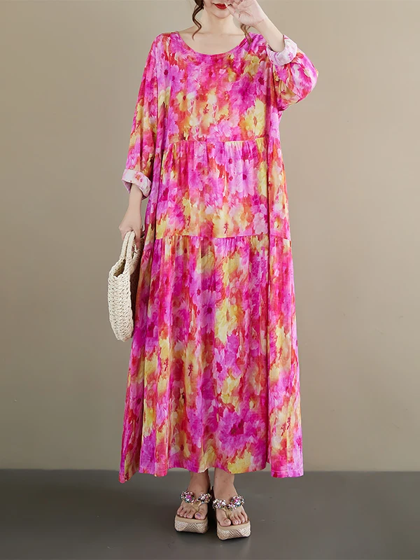 

Red Floral Print Loose Fit Long Sve round Ne Dr Casual Sle A-Line Skirt Cotton Material Autumn New Arrival Women's ...