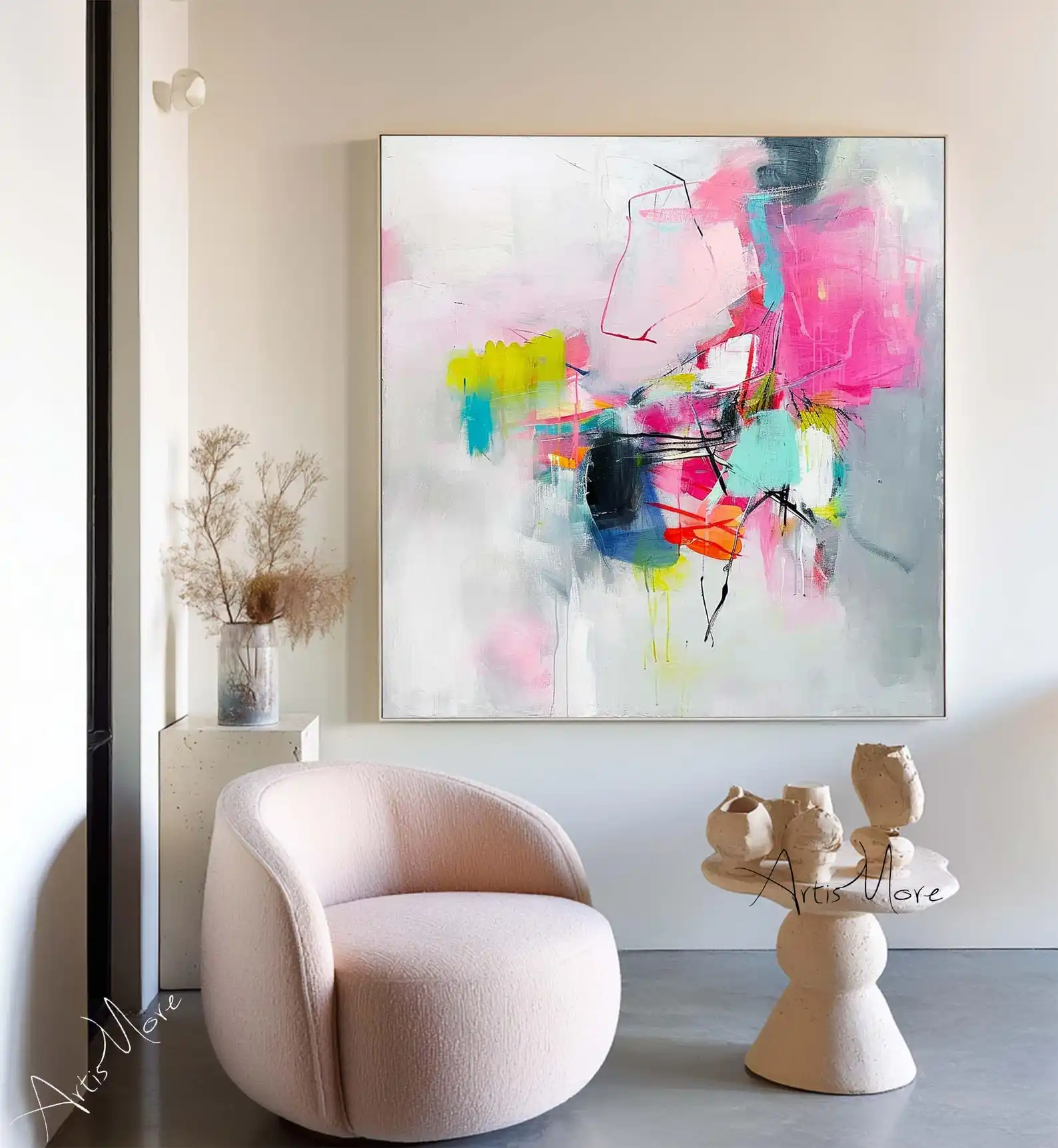 

Mhemyo Large Pink Abstract Hand Painted Oil Painting Contemporary Graffiti Wall Art Modern Colorful Wall Decor For Living Room