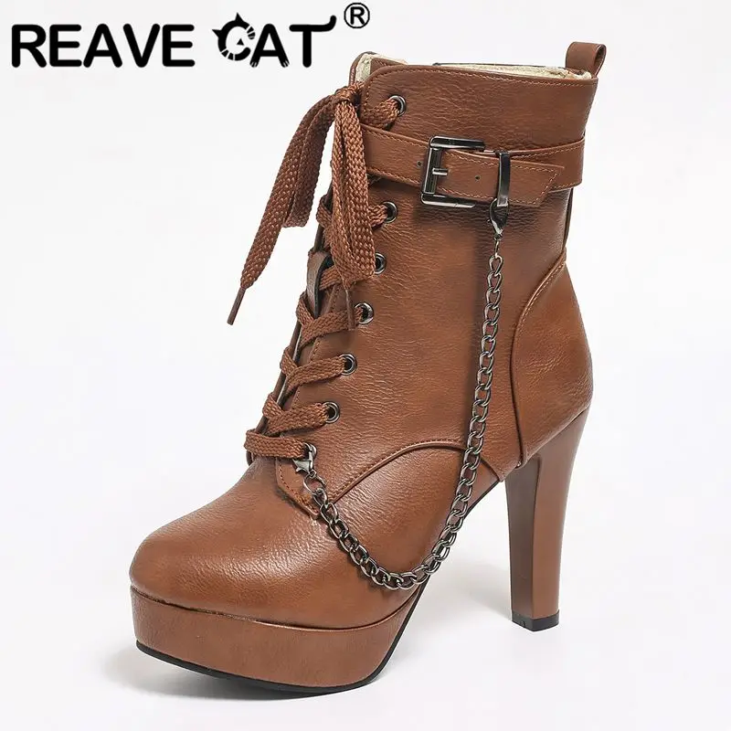 

REAVE CAT 2025 Модные женские ботильоны с круглым носком на высоком каблуке 10,5 см, платформа, молния, шнуровка, пряжка ремня, металлическая цепочка 41 42 43