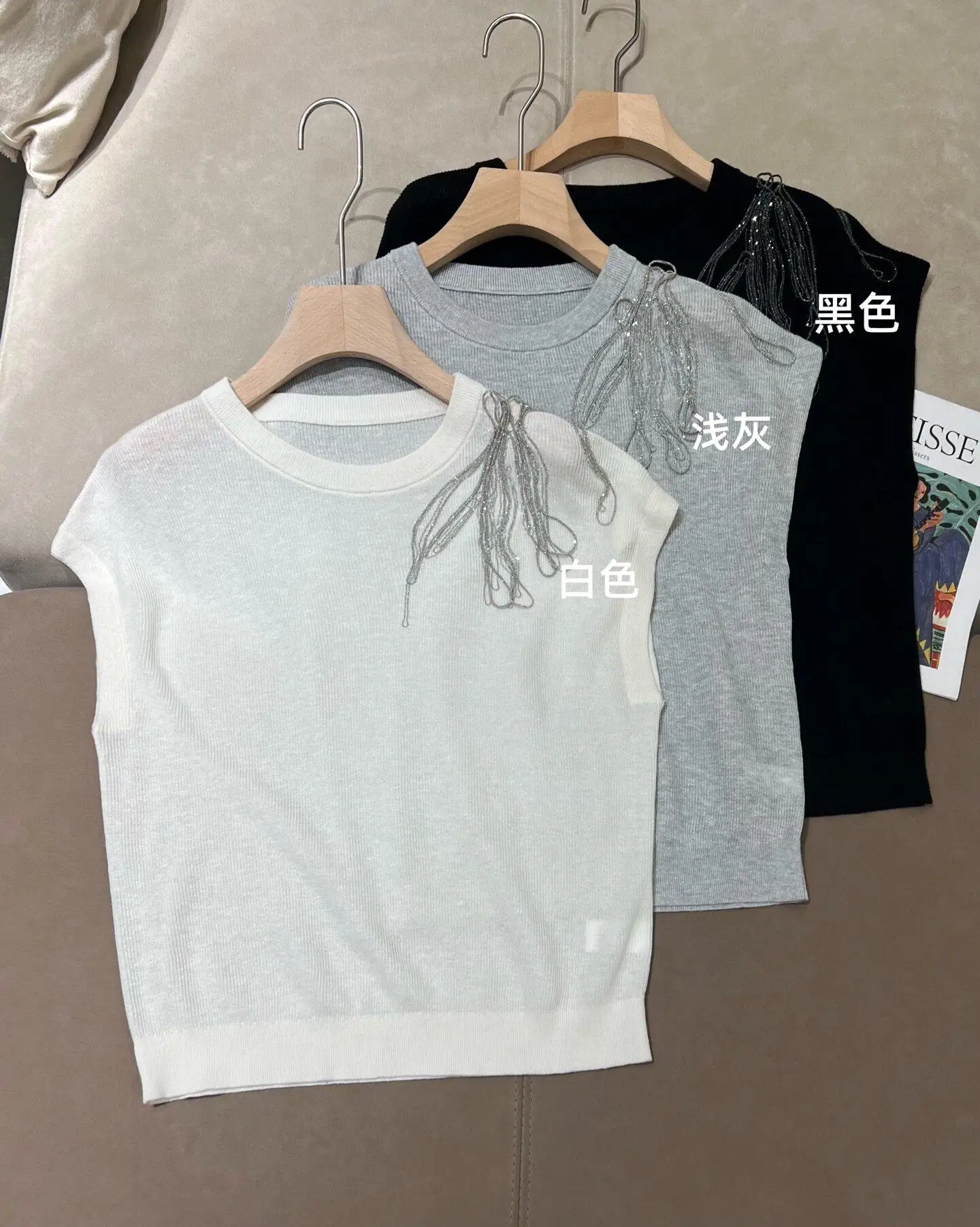 Luxury linen silk blend sleeveless knitted summer thin style tassel decoration round neck top