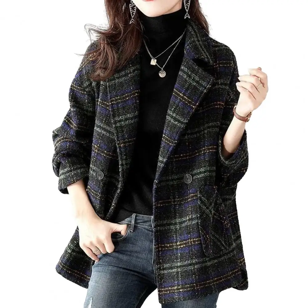 Women Lapel Coat Elegant Plaid Print Women's Coat with Turn-down Collar Retro Cardigan Style for Fall Winter Fashion Women Solid