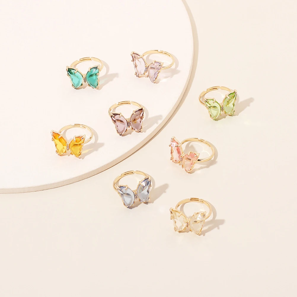 

8Pcs Colorful Rings Casual Female Opening Alloy Butterflies Finger Ring Adjustable Decor Women Fashion Jewelry Gift