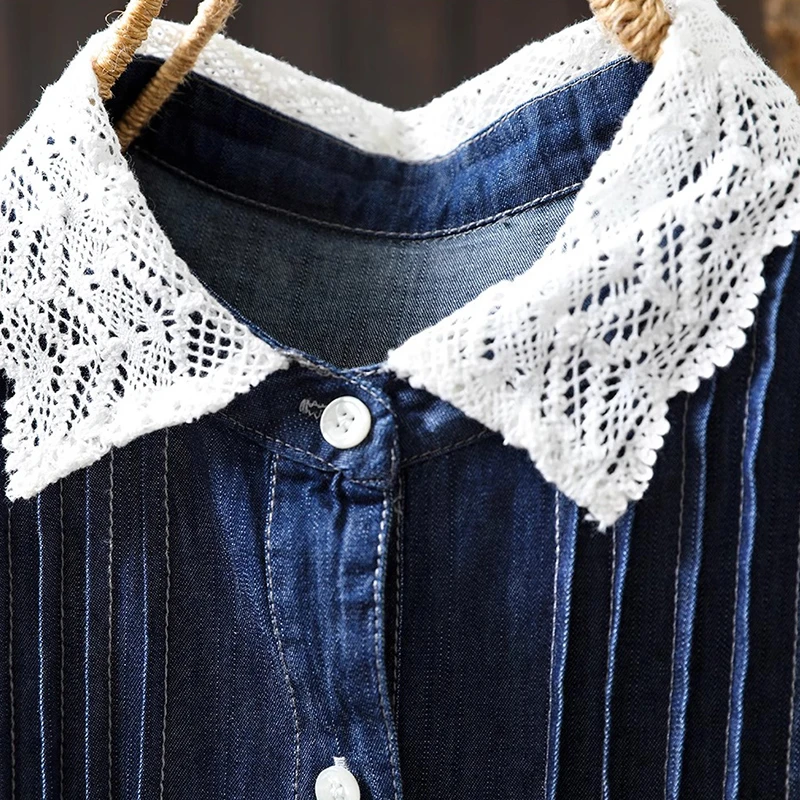 Frauen Casual Baumwolle Denim Hemd Neue Ankunft 2025, Sommer Vintage Stil Spitze Kragen Lose Weibliche Kurzarm Tops Shirts M1460