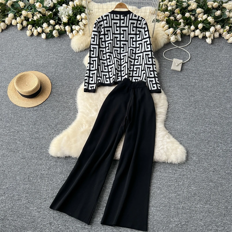 2024 Autumn New Casual Printed Knitted Cardigan Camisole Vest And Long Pants Three Piece Set Elegant Women's Suit