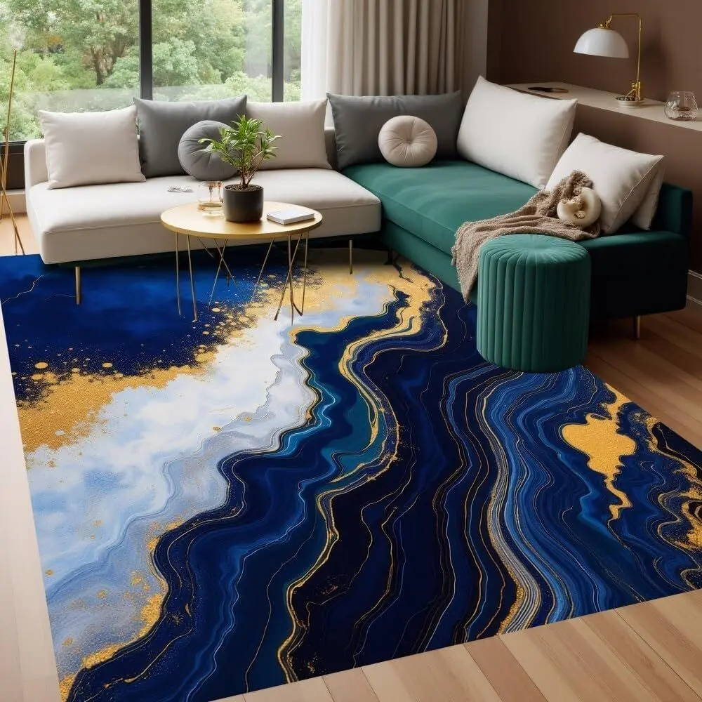 

Navy Blue and Gold Marble Striped Tie Dye Rug, Suitable for Living Room, Office, and Dining Area, Washable, Reversible, and Anti