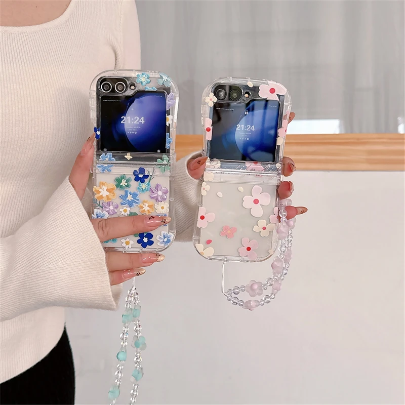 Klare Blume Scharnier Telefon Fall Für Samsung Z Flip7 6 5 4 3 Abdeckung Mit Kette Silikon Stoßfest Fällen für Galaxy Flip5 Flip6 Flip7