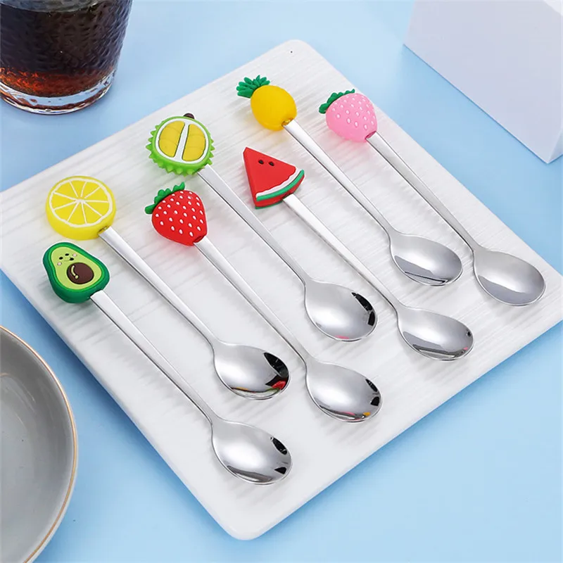 2pCS Stainless Steel Fruit Fork Coffee Spoon Color Fruit Pattern Stainless Steel Fork Simple  Mixing Spoon Dropship Dessert Tool