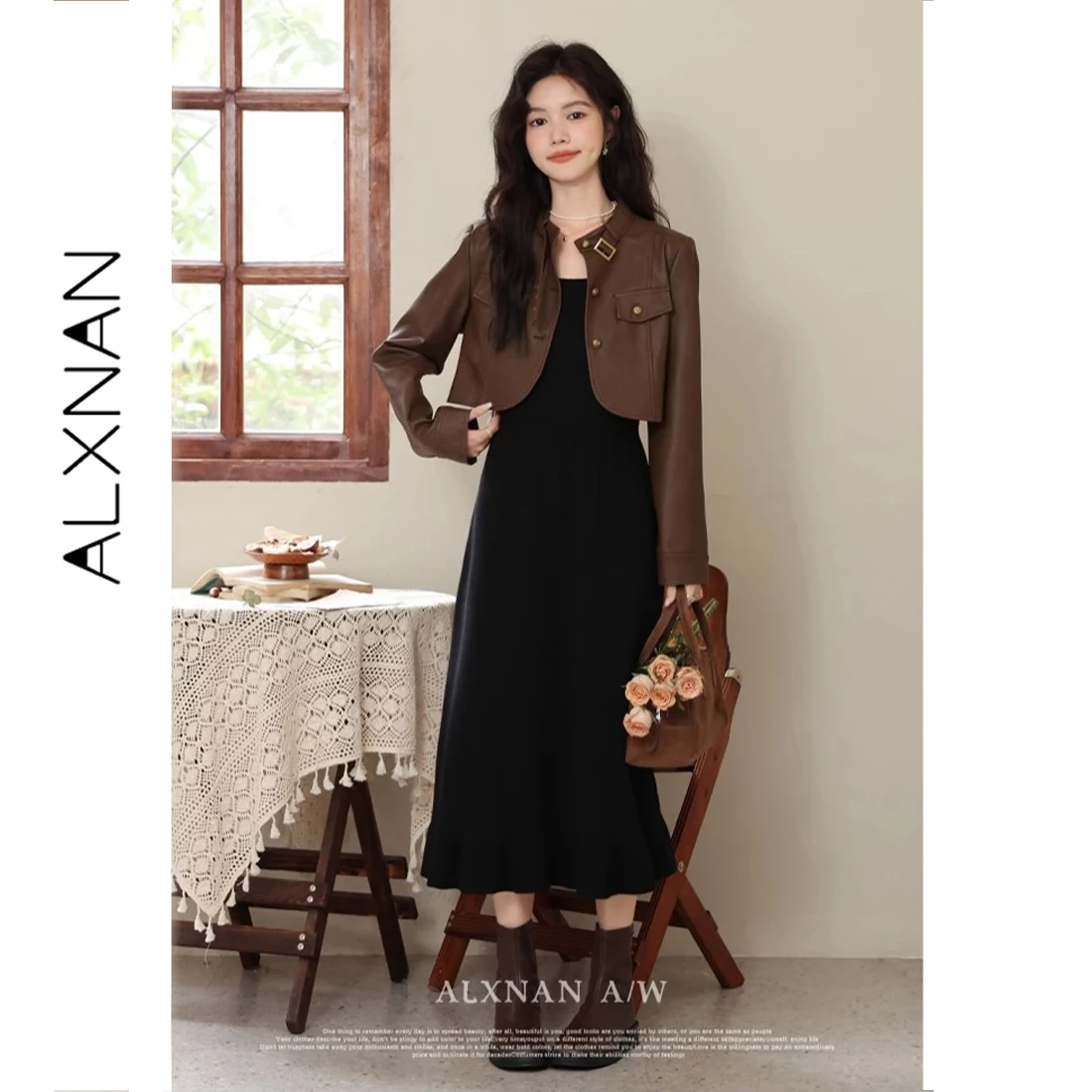 

Женские короткие кожаные пальто ALXNAN коричневого цвета 2026 с длинными рукавами, элегантная повседневная уличная одежда, теплая женская верхняя одежда LXN32260PY