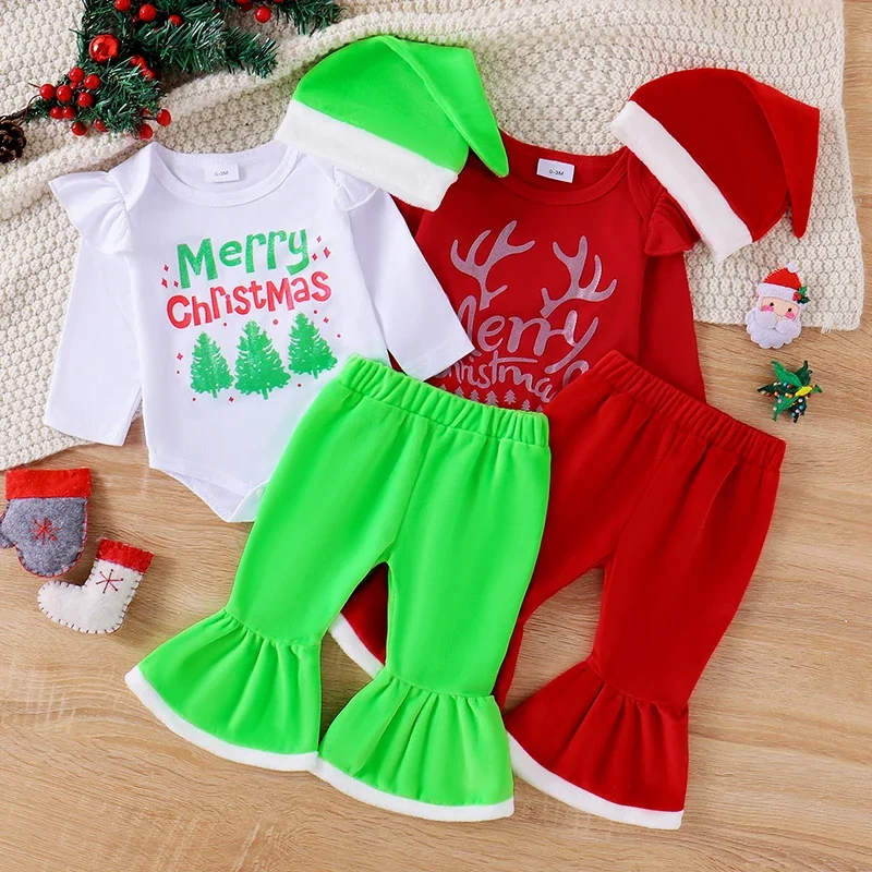 0-18 Months Baby Girl Christmas Outfits Christmas Tree/Deer Antler Print Long Sleeve Romper Flare Pants Hat 3Pcs Clothes Set