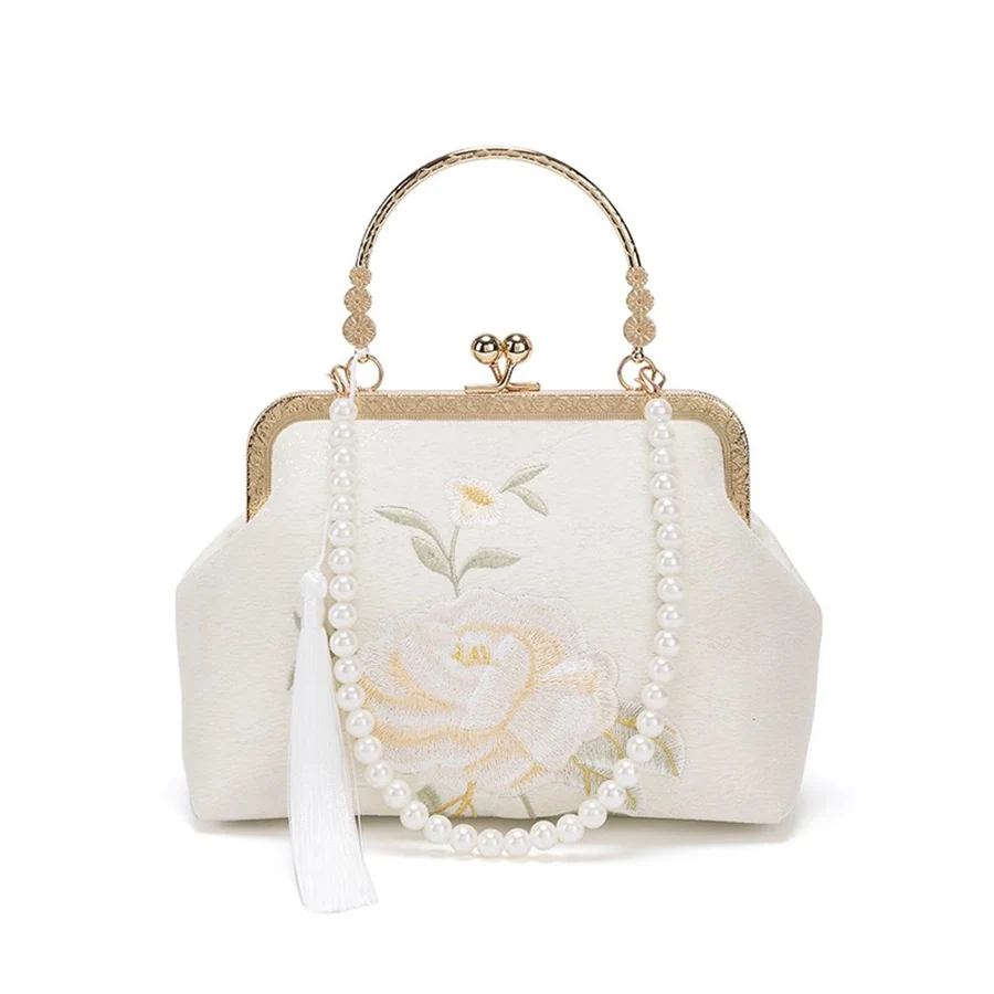 Retro Women Floral Embroidery Evening Clutch Shell Clip Luxury Evening Handbags Purse Pearl Chains Shoulder Bags Crossbody Bags