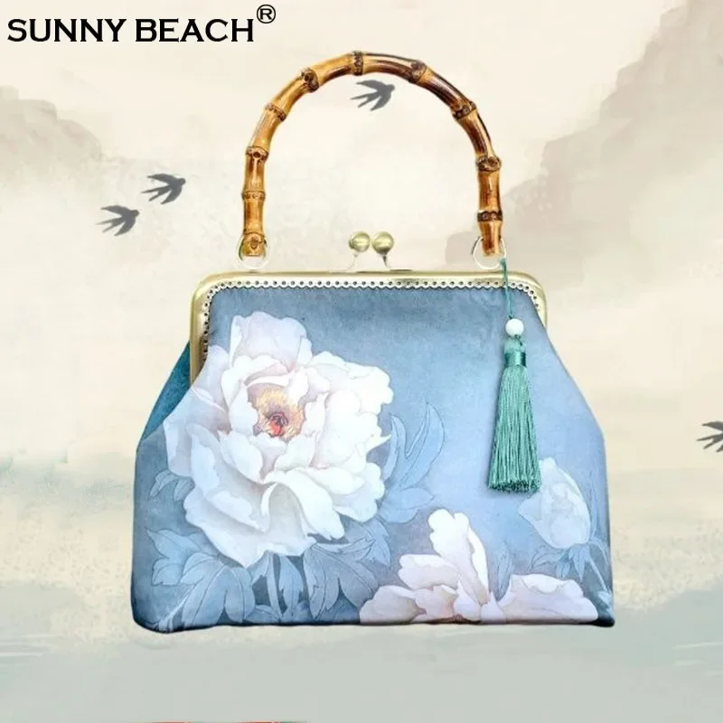 

Модная шелковая сумка с пионом, бамбуковая ручка, сумка через плечо с цепочкой, женская сумка, китайский Cheongsam, женский кошелек с зажимами для косплея