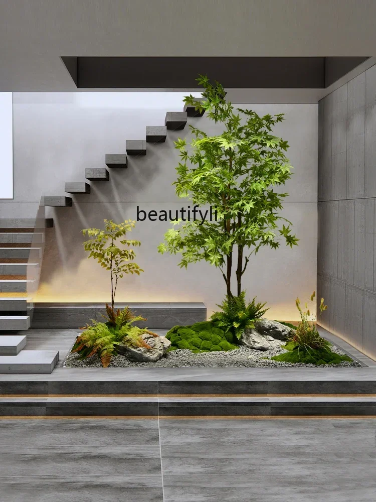 Simulation green plant maple rockery stone landscaping under the rotating staircase green plant stone landscape decoration