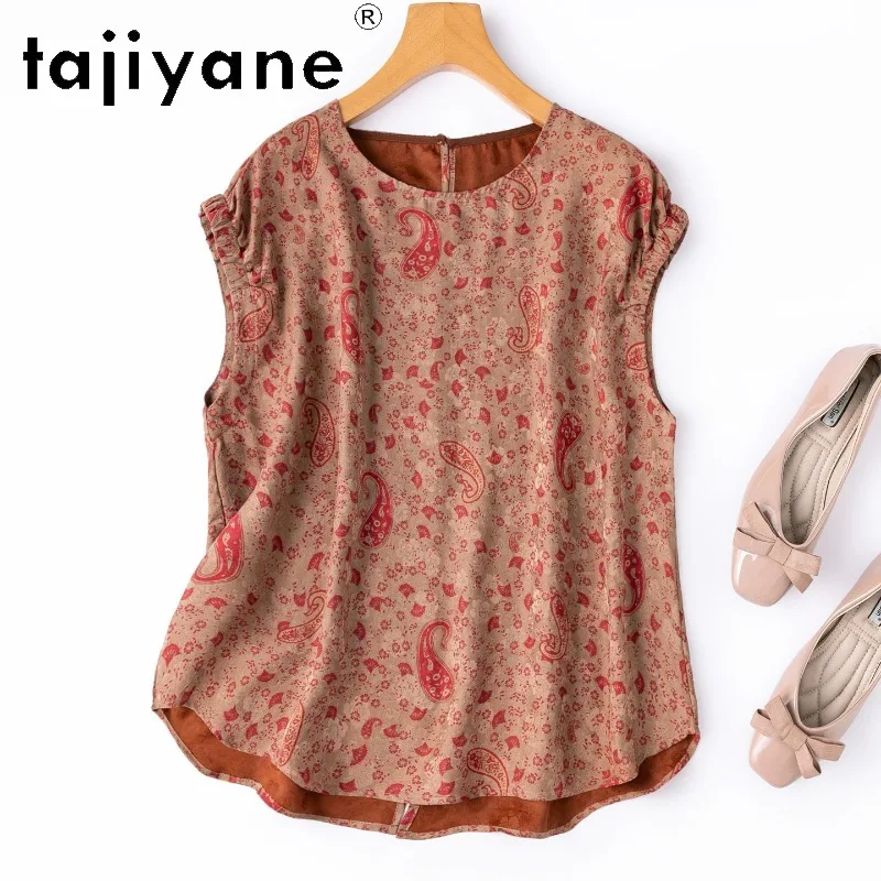 TAJIYANE 100% Mulberry Silk Shirt Women Back Slit T Shirt Jacquard Xiangyunsha Blouse Cashew Flower Summer Tops for Woman 블라우스