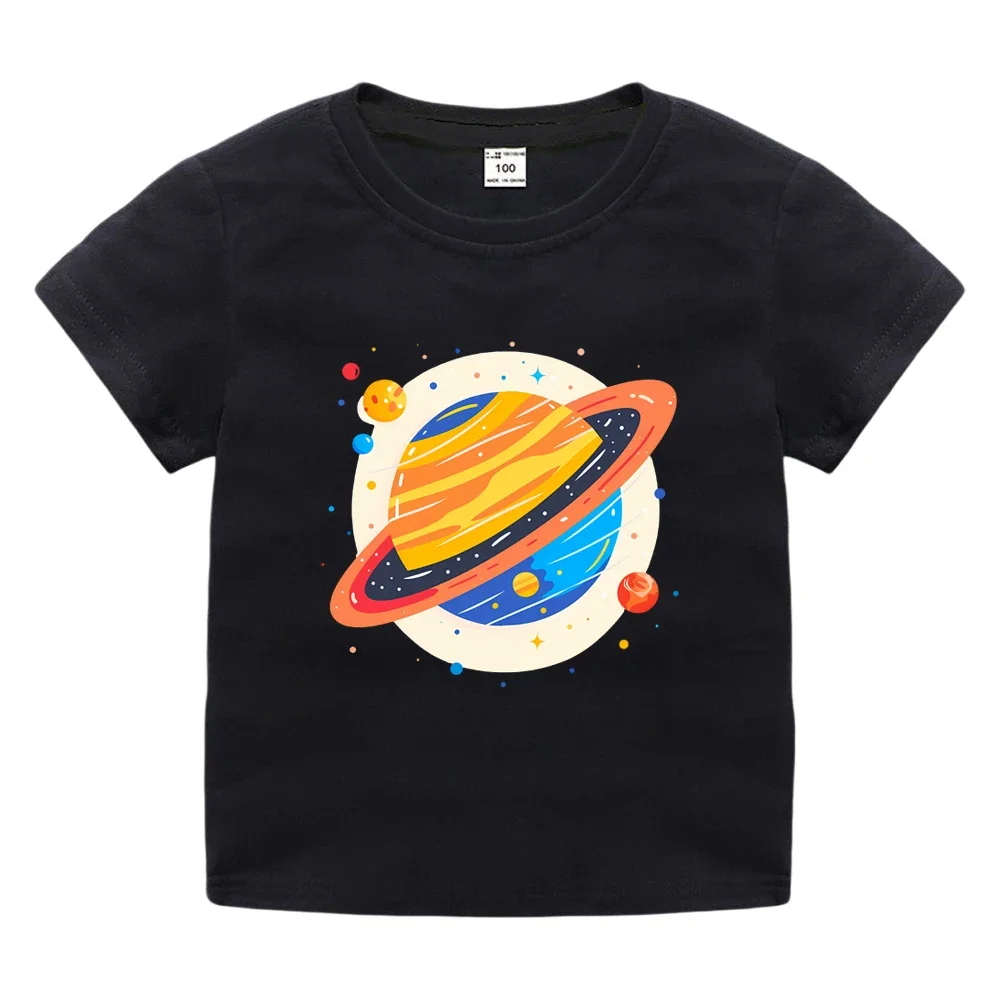 Colorful Saturn Planet Outer Space Print Kids Short Sleeve T Shirt Soft Cotton Crew Neck Boys Girls Summer Casual Daily Wear Tee