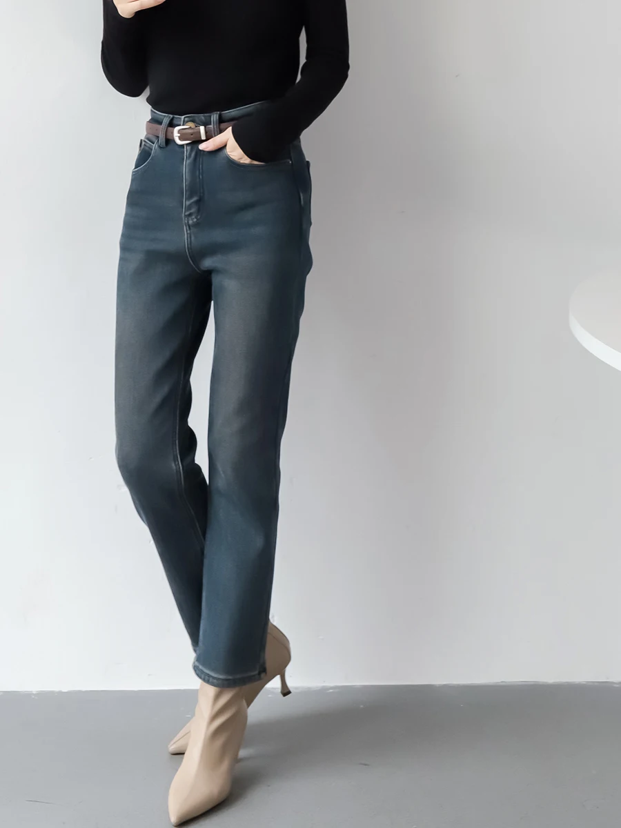 

Утепленные джинсы с эффектом самонагревания и поясом, женские прямые брюки с высокой талией на молнии, зимние, для повседневной носки, модные