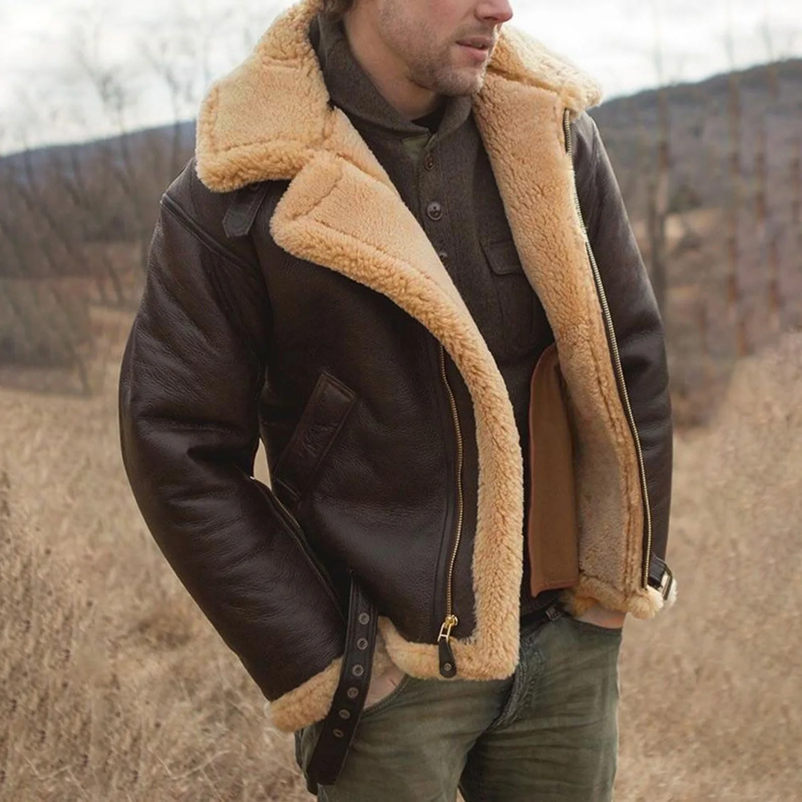 

Winter Men'S Solid Color Velvet Workwear Jacket Comfortable Casual Outdoor Long Windproof Fur Collar Leather Jacket