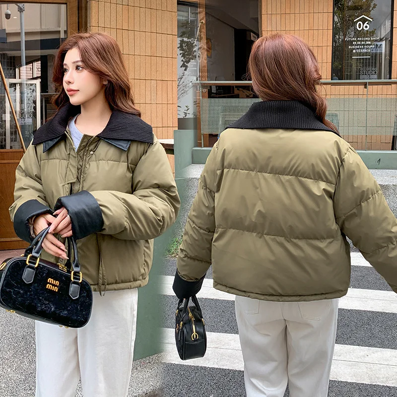 Nowe Krótkie Parki Jesienno-Zimowe 2025 Modne Płaszcze z Dzianinowym Kołnierzem, Łączona Kurtka z Bawełny Puchowej, Gruba Ciepła Kurtka Damska
