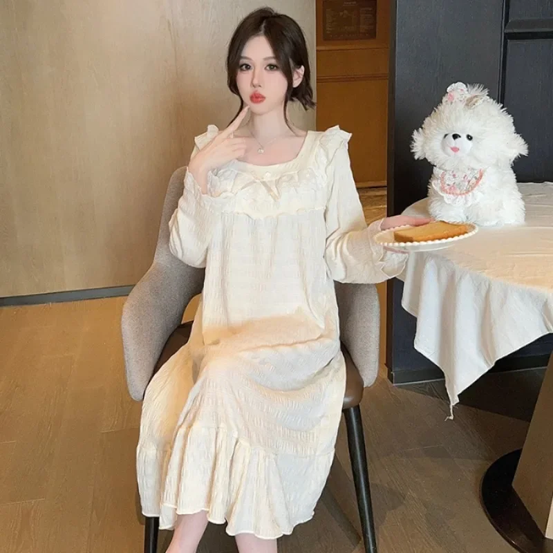 Lace Design Nightgowns Women Ruffles Loose Sweet Tender Princess Home College Girls All-match Sleepwear Spring Autumn Ulzzang