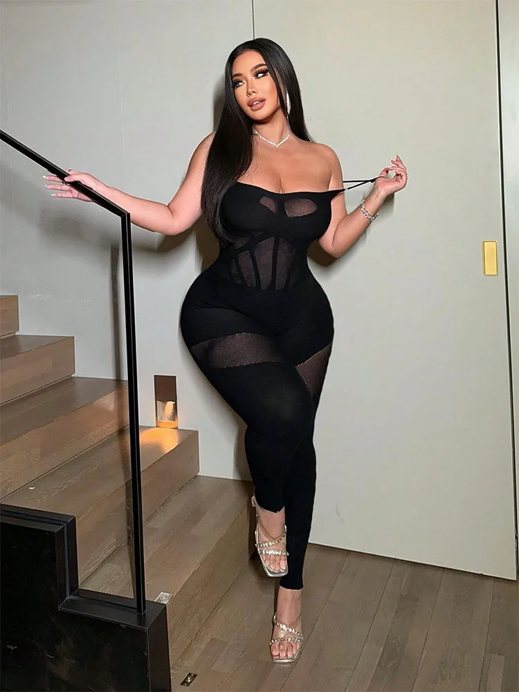 

Женский сексуальный комбинезон из сетки, прозрачный, облегающий, больших размеров, для вечеринок, с высокой талией, без рукавов