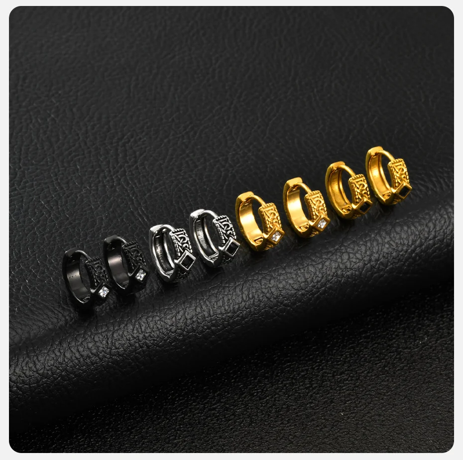 Vnox Vintage geometrische Creolen für Männer und Jungen, Edelstahl-Ohrringe mit weißem und schwarzem Zirkon, 4 mm breit, Punk-Schmuck, Geschenk – Detail 5