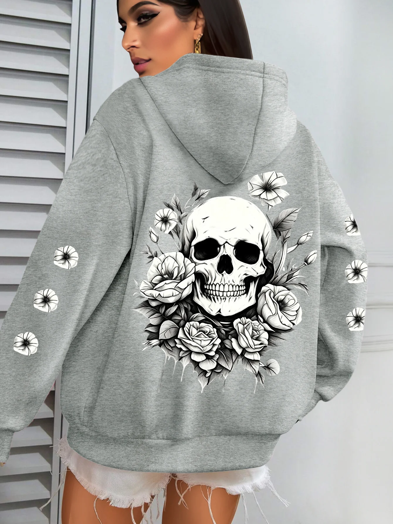 Women‘s Gothic Style Skull Print Hoodie Unisex Autumn Winter Fleece Oversized Hooded Everyday Outdoors Hoodie for Any Occasion
