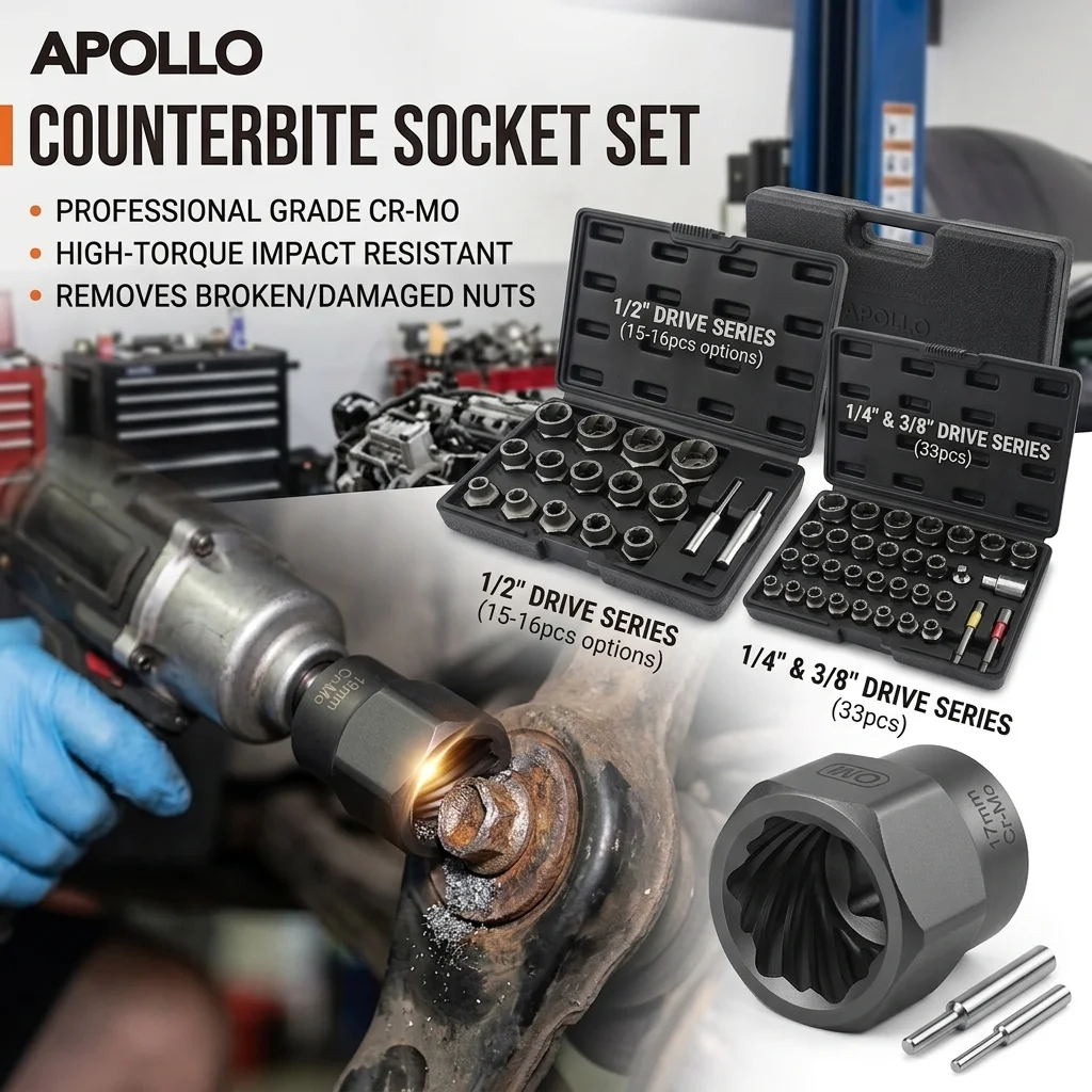 

15/16/33-Piece Impact Bolt & Nut Remover Set, 1/4" 3/8" 1/2" Drive Damaged Stripped Bolt Extractor Sockets, Reverse Thread Tool