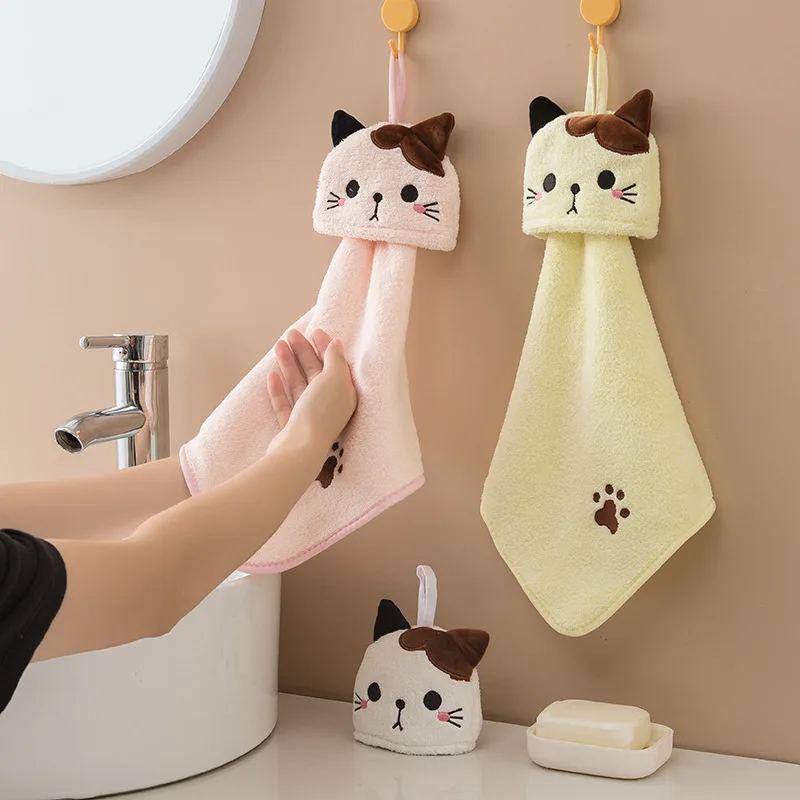 Cute Cartoon Cat Hand Towel Thickened Kitchen Bathroom Coral Velvet Cloths Towels Home Quick Drying Children Cleaning Dishcloth