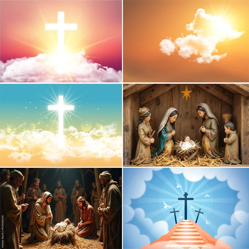 Manger Nativity Scene Background Mary Joseph Baby Jesus in a Rustic Sunset Shepherds Prayer Faith Photography Backdrops JU-03