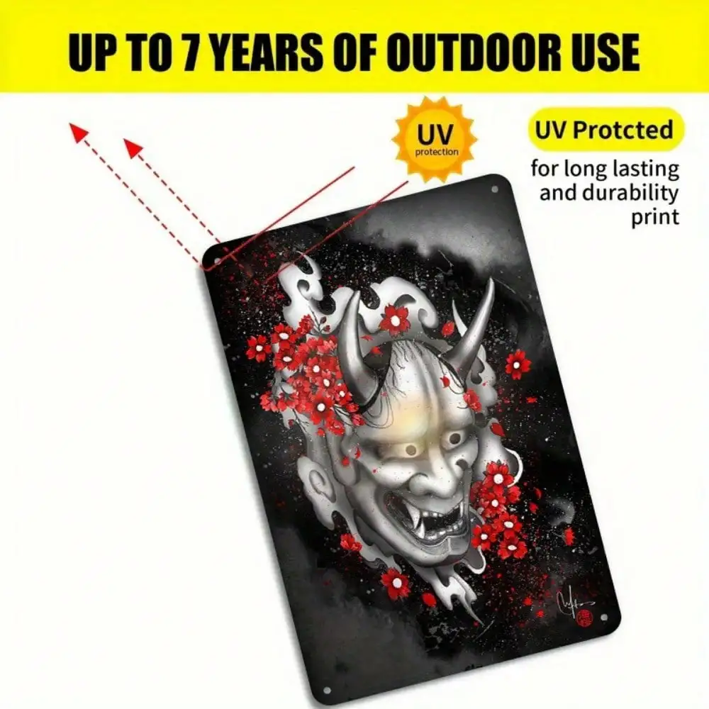 1 szt. Tabliczka Blaszana Japońska Maska Demona - Sztuka Samuraja do Dekoracji Salonu/Biura, Czerwone Kwiaty i Czarna Tematyka, 20x30cm