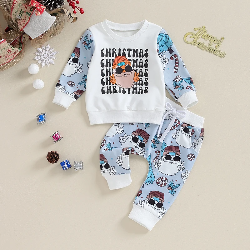 Suefunskry Baby Christmas Outfits Newborn Santa Claus Print Long Sleeve Round Neck Sweatshirt and Pants Set Toddler 2Pcs Suits