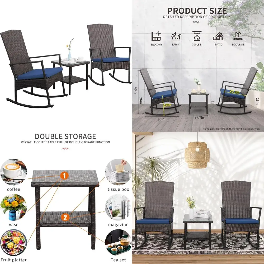 

3-Piece Outdoor Rocking Chair Set with PE Wicker, Patio Bistro Furniture, Brown Rattan, Navy Cushions, and Coffee Table