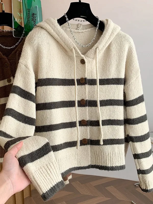 

Женский длинный вязаный открытый кардиган с капюшоном в полоску, свитер на одной пуговице, верхняя одежда больших размеров, повседневное зимнее пальто