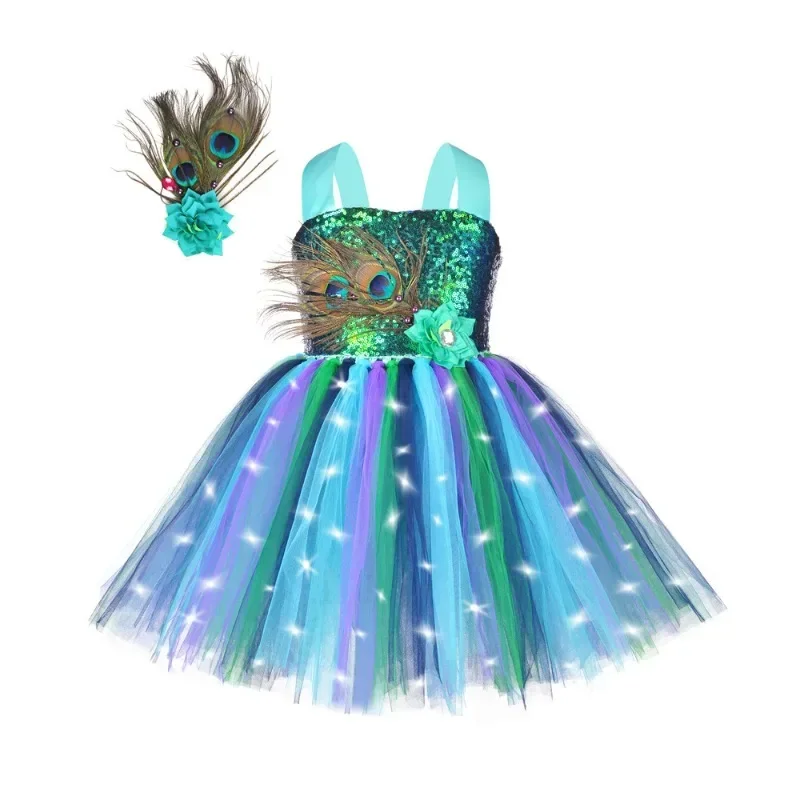 

New LED Peacock Costume for Girls Sequins Flower Feathers Tutu Dress for Kids Halloween New Year Outfit Birthday Party Clothes