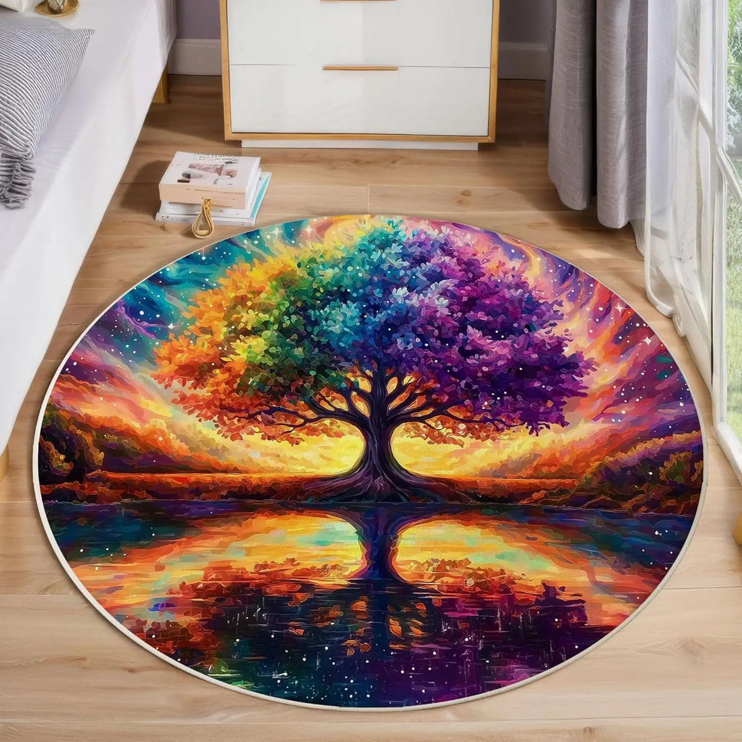 Round Rainbow Tree of Life Rug – Ultra-Thin Non-Slip Machine Washable Mat with Starry Sky Print for Indoor Use