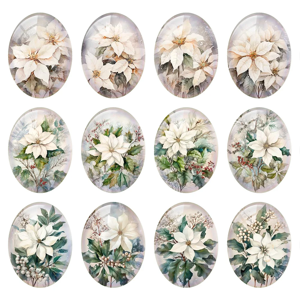 

10pcs/lot Handmade Christmas X-mas Flowers Oval Photo Glass Cabochon Crystal Flatback Demo Cameo Flat Back Diy Jewelry Making