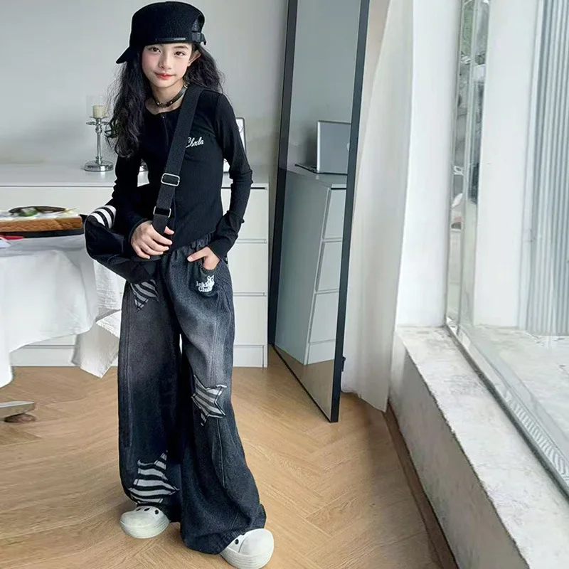 

Spring Fall Children Five-pointed Star Patch Children Girls Straight Leg Loose Wide-leg Denim PantsLuxury Teenager Girls Jeans