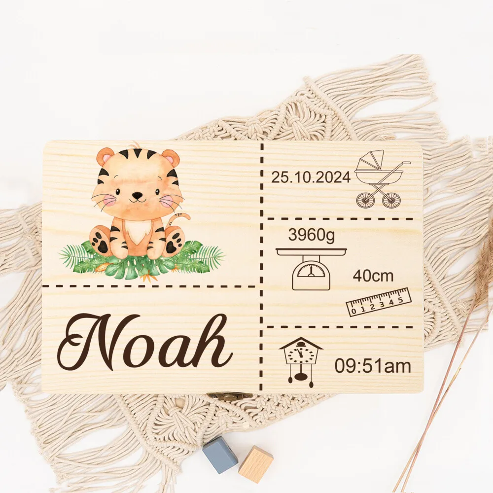 Personalised Safari Animal Baby Memory Box Custom Wooden Boxes Newborn Shower Gift Baby Birth Stats Keepsake Box Umbilical Boxes